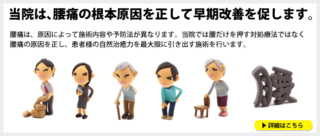 宇都宮平成通り整骨院では、腰痛の根本原因を正して早期改善を促します。腰痛は、原因によって施術内容や予防法方が異なります。当院では腰だけを押す対処療法ではなく、腰痛の原因を正し、患者様の自然治癒力を最大限に引き出す施術を行います。