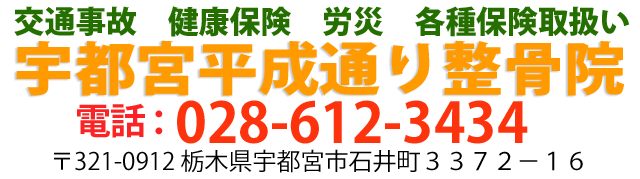 交通事故・健康保険・労災・各種保険取扱い宇都宮平成通り整骨院📞：028-612-3434〒321-0912栃木県宇都宮市石井町3372-16